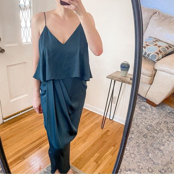 Shona Joy Draped Cocktail Frill Dress Emerald 8 - Picture 1 of 7